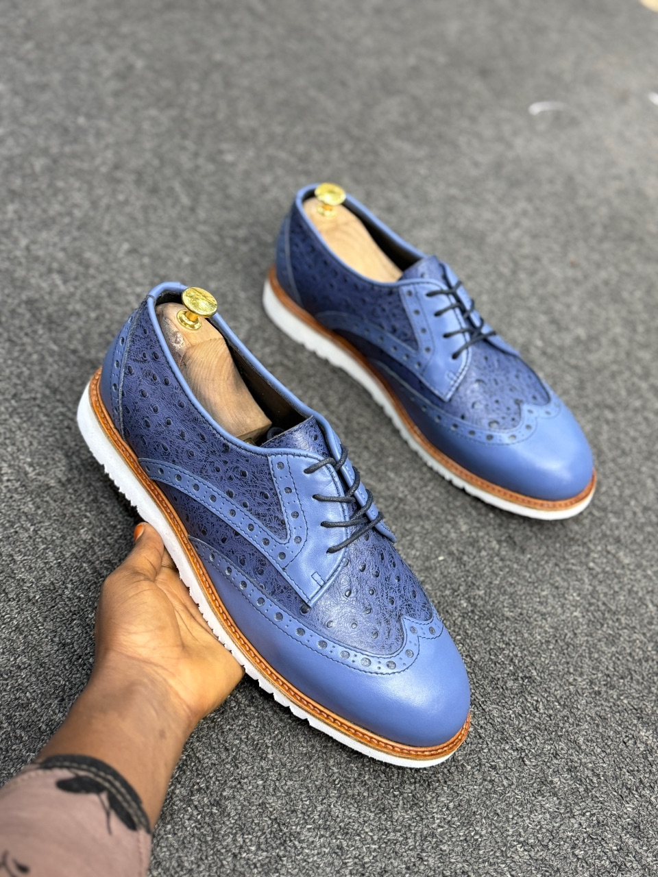 Blue Textured Leather Brogue Sneaker